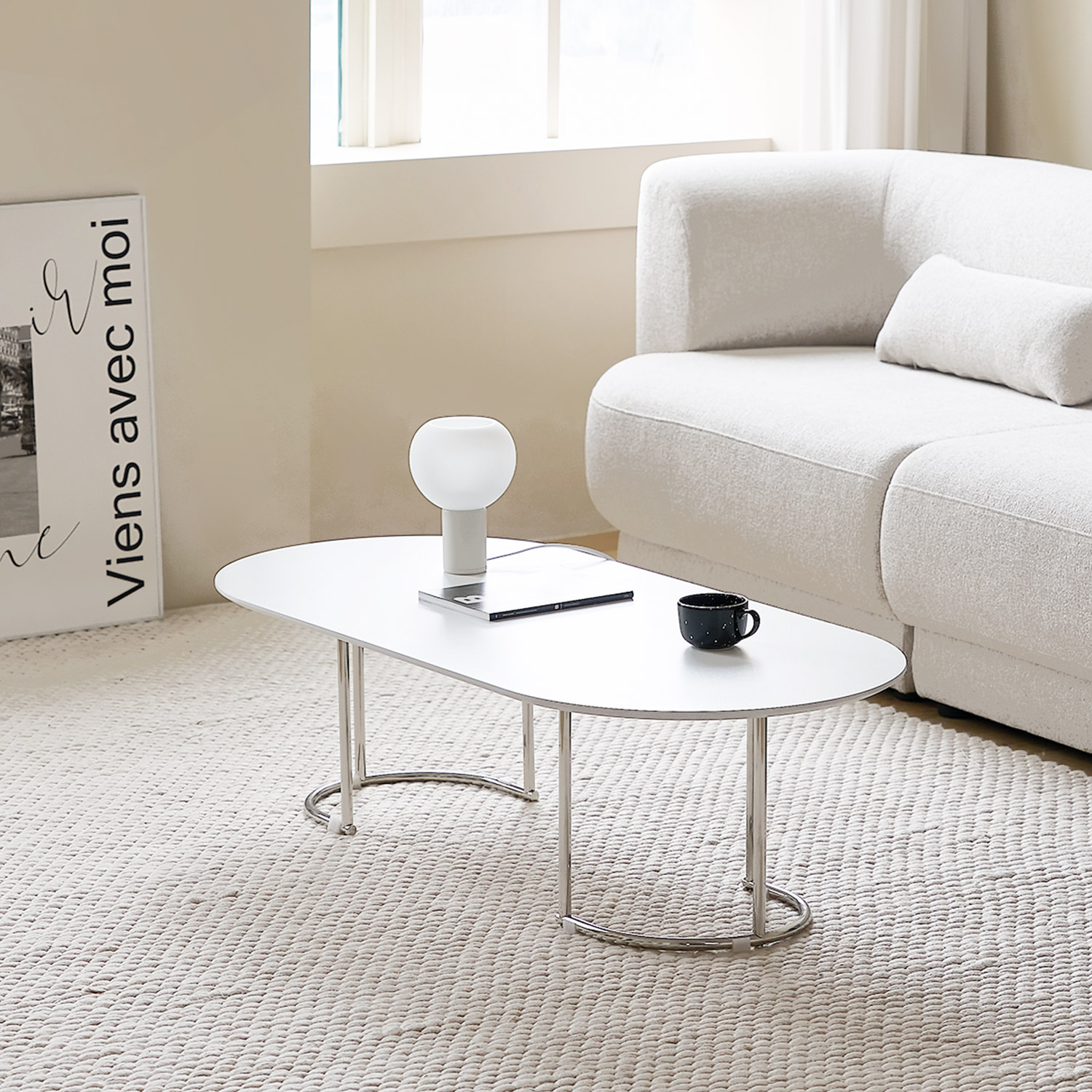 ROOM&HOME Ponde 楕円形 クローム ローテーブル［2サイズ］ ホワイト