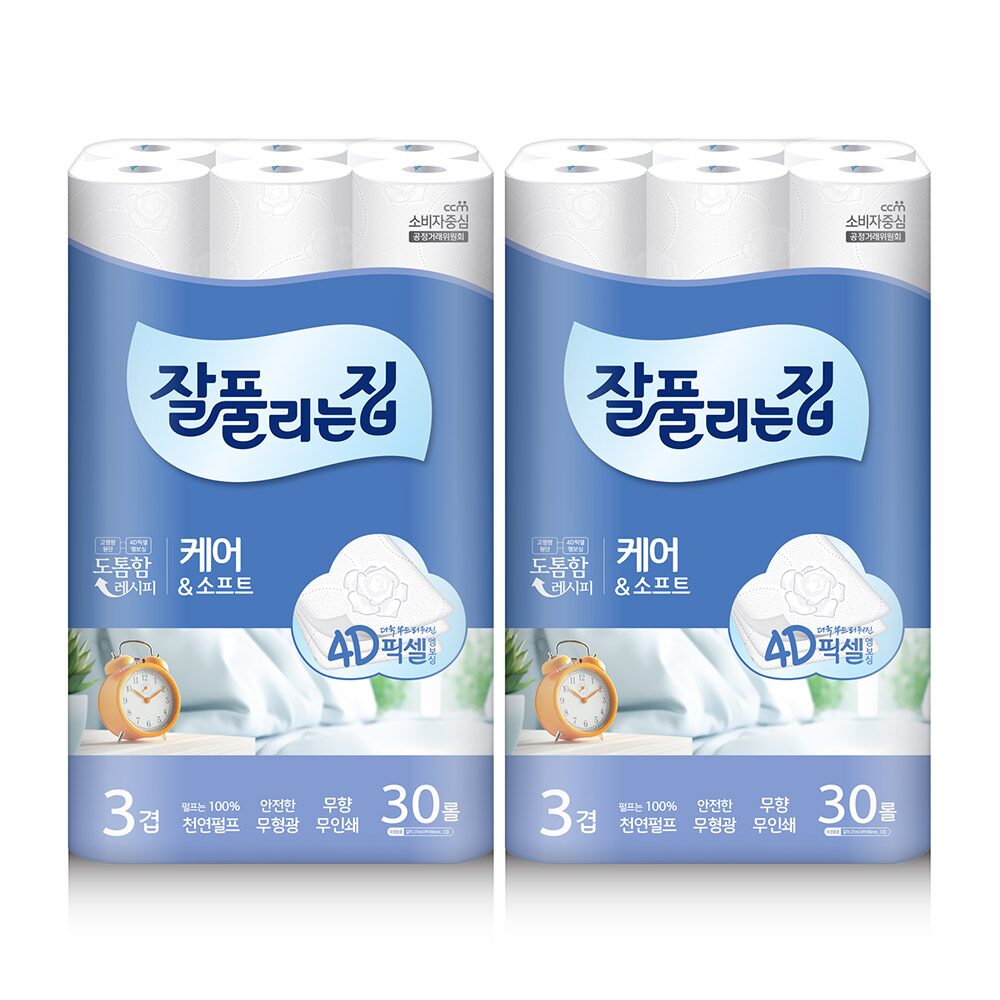 케어앤소프트 천연펄프 3겹 화장지 27m x 30롤 x 2팩