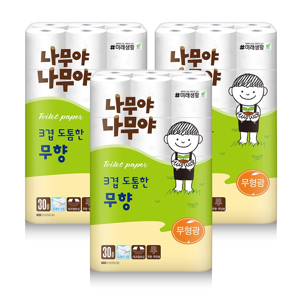 나무야나무야 3겹 도톰한 무향 30M x 30롤 x 3팩