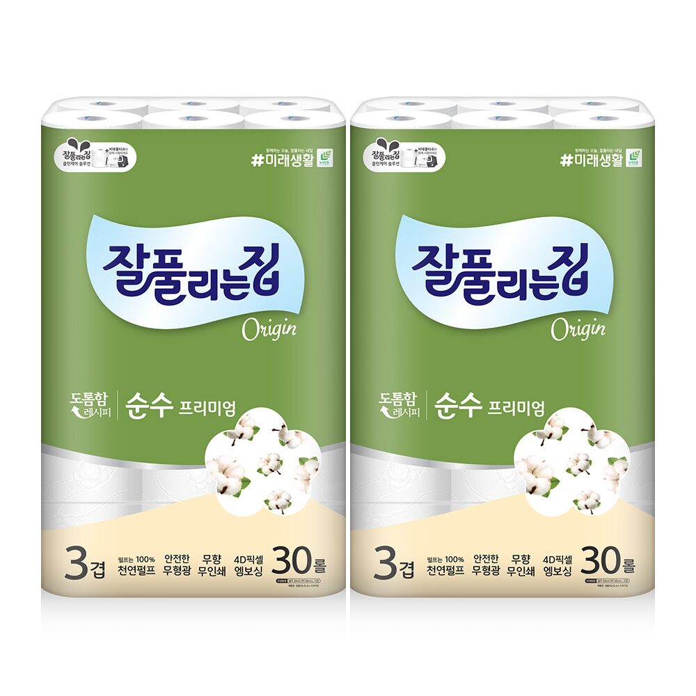잘풀리는집 순수프리미엄 천연펄프 30m x 30롤 x 2팩