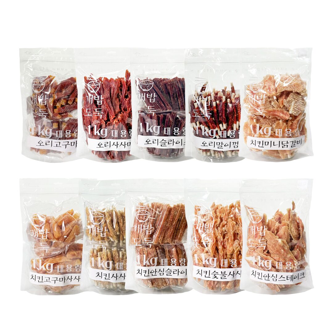 개밥도둑 1kg 강아지 대용량 간식 육포 져키 사사미 치킨/오리