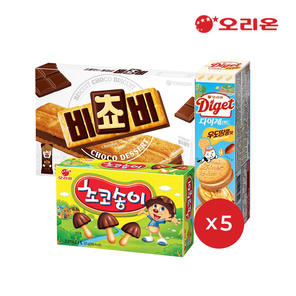 다이제샌드 우도땅콩 98g 5개 + 비쵸비 125g 5개 + 초코송이 50g 5개
