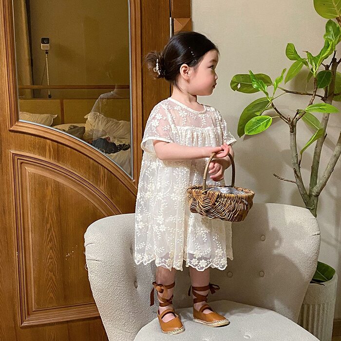 애쉬 레이스 자수 반팔 원피스 R8515