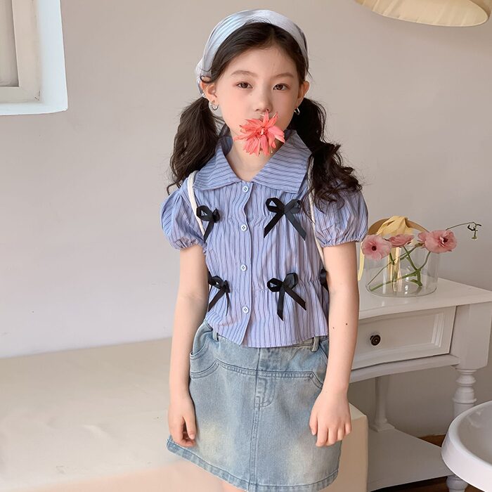 리본 퍼프 스트라이프 블라우스 R11390
