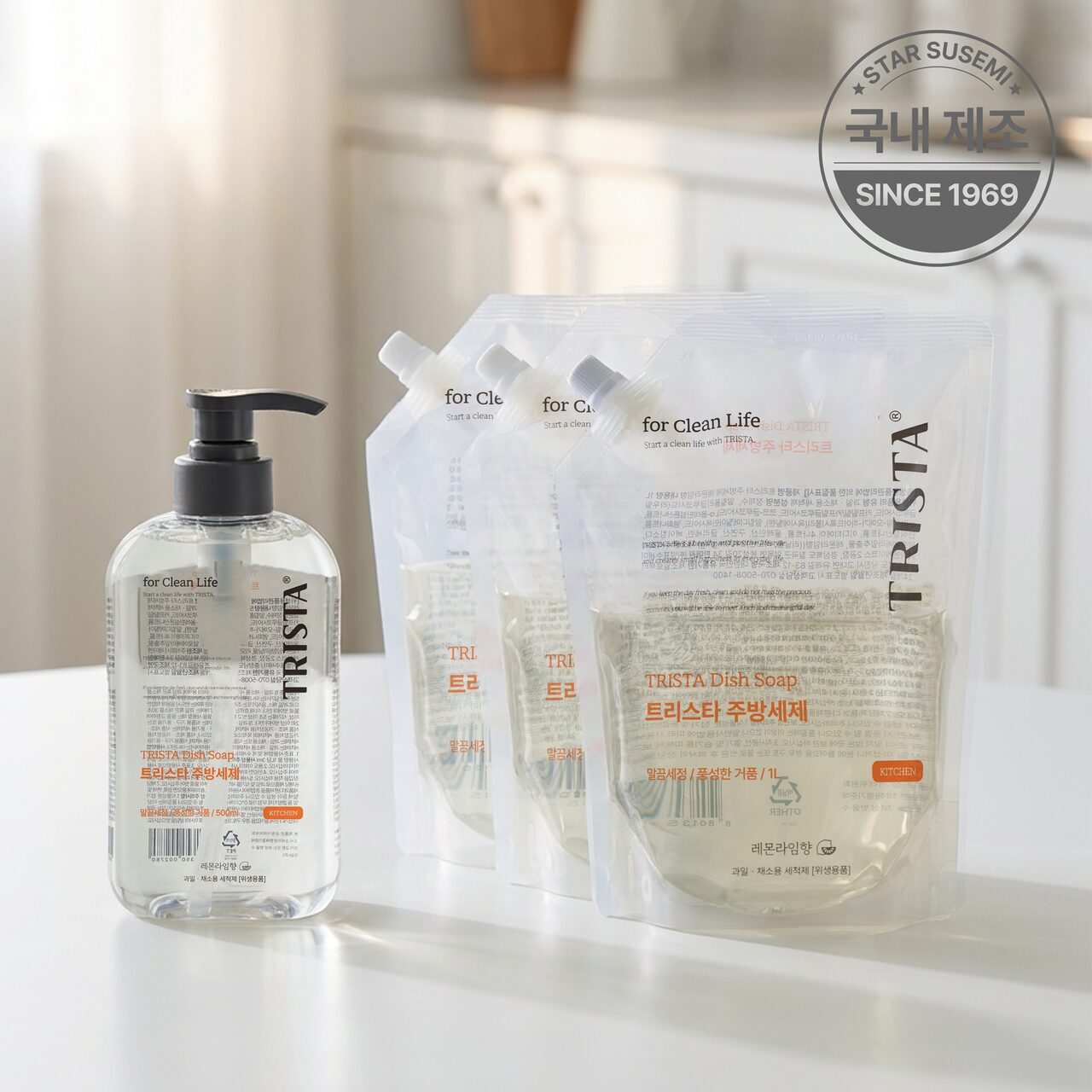 별표수세미 트리스타 EWG 그린등급 저자극 주방세제 500ml(1개) + 리필 1L(3개)
