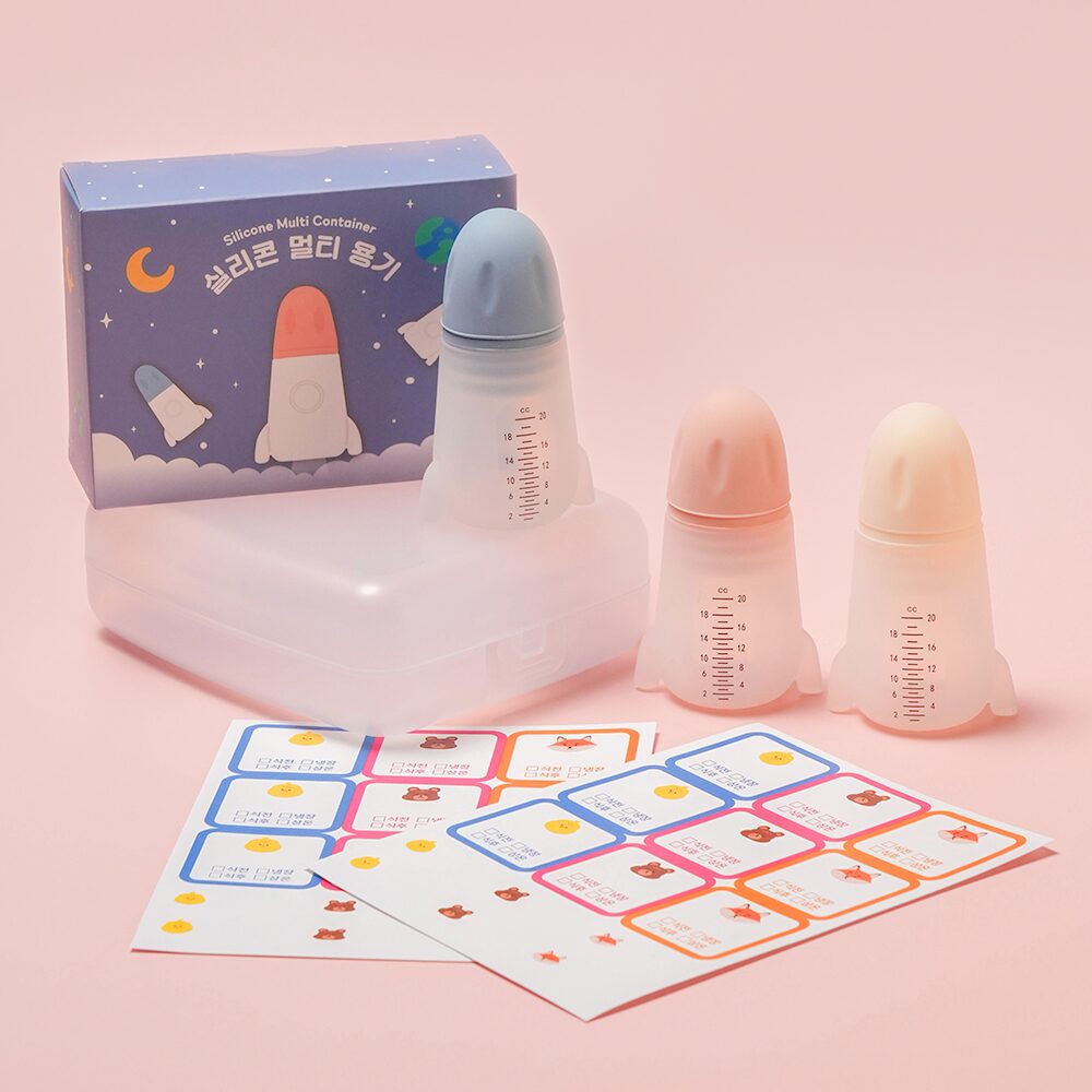 다회용 실리콘 로켓 물약병 아기 눈금 약병 멀티 용기 3P (스티커+케이스 포함)