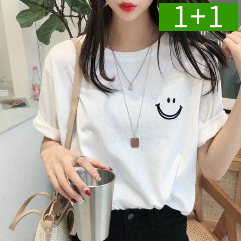 1+1 여름 여성반팔 티셔츠 오버핏 면 프린팅 라운드티