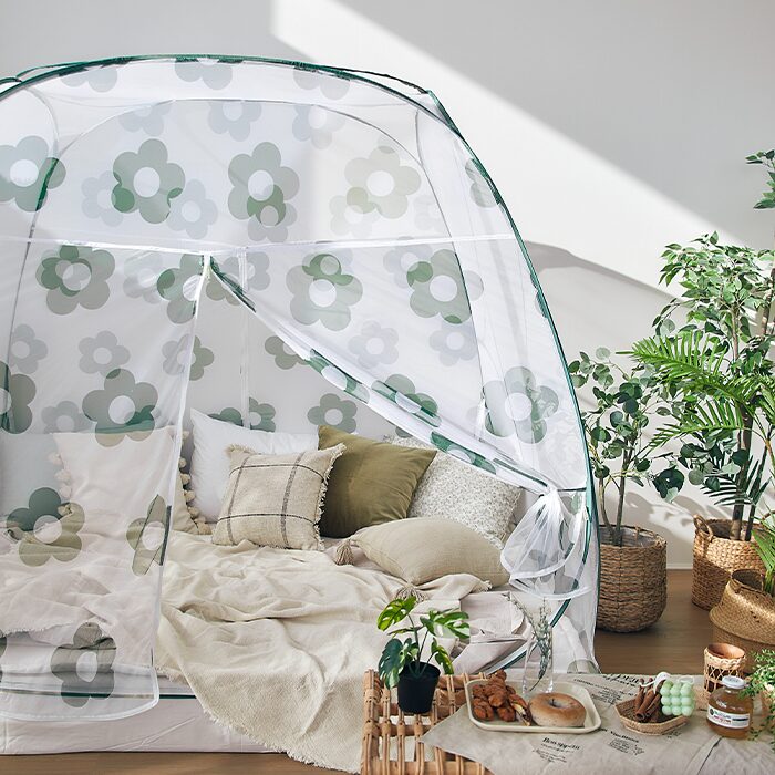 넓고 튼튼한 바닥있는 침대 사각 원터치 모기장 텐트 방충망 베니그린 3size