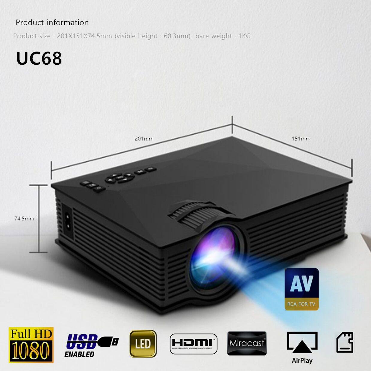 [해외] 대륙의실수 UC68 미니 빔프로젝터(와이파이 지원) 1800루멘 UC40 uc46