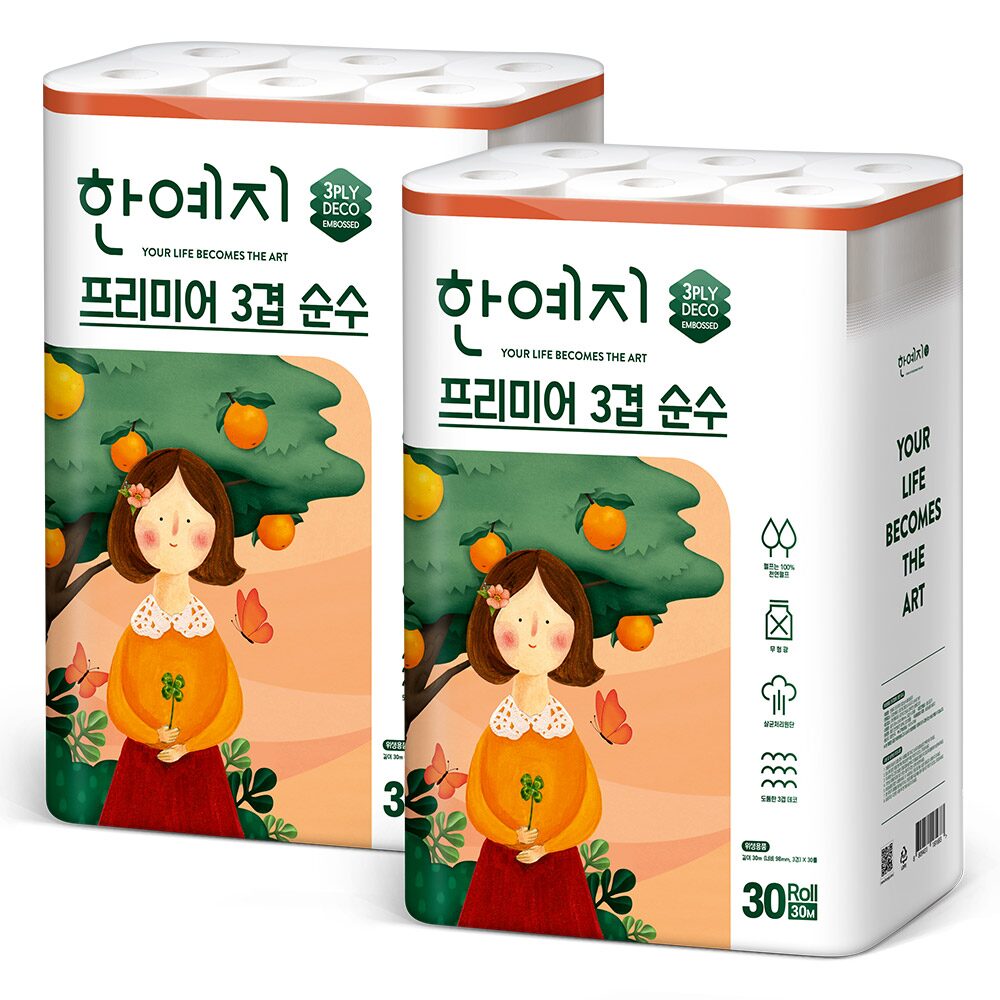 프리미어 3겹 순수 화장지 30m x 30롤 x 2팩