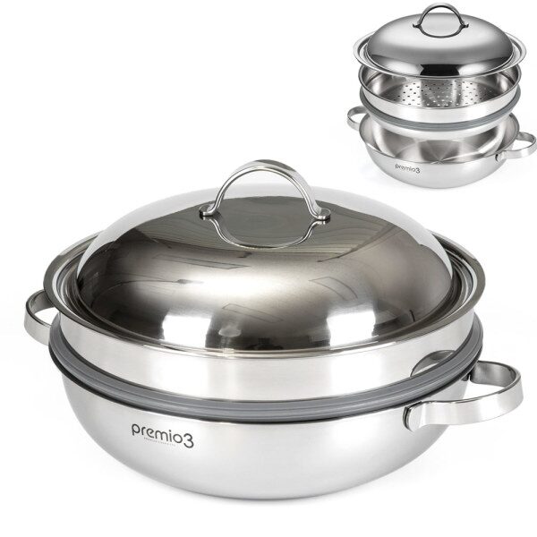 프리미오3 통3중 IH 2단 찜냄비 33cm /인덕션겸용 전골냄비 찜기 찜솥 스텐냄비