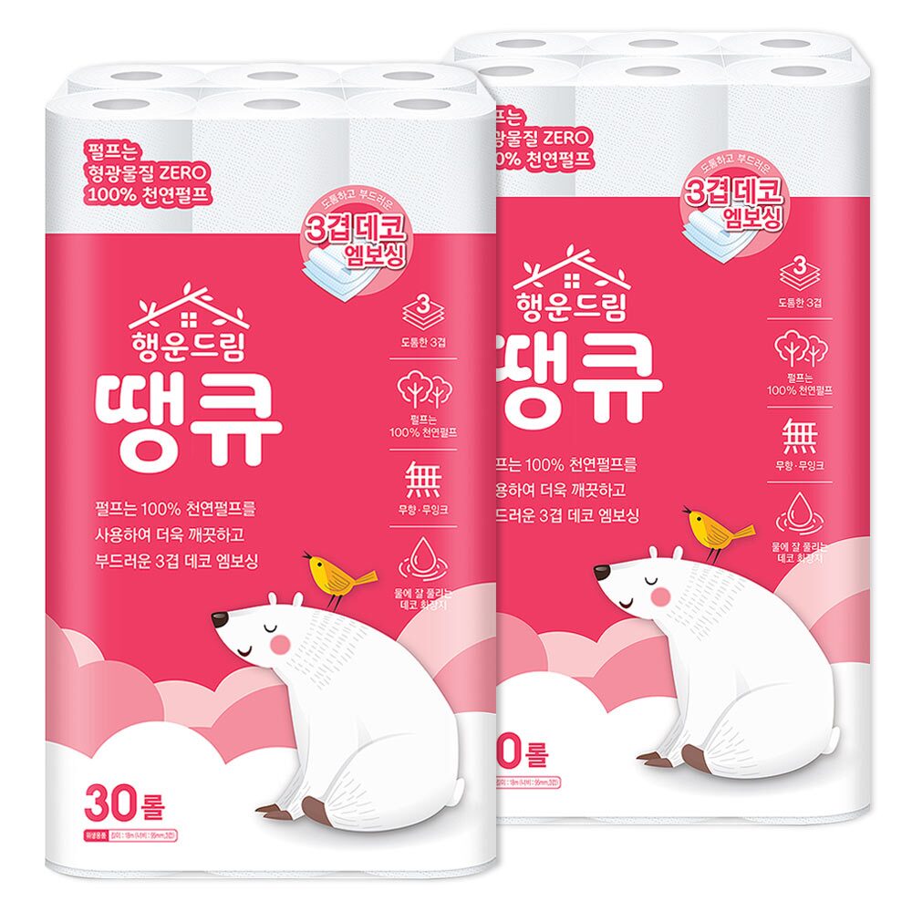 행운드림 땡큐 3겹 30롤 2팩 천연펄프 화장지 휴지 두루마리