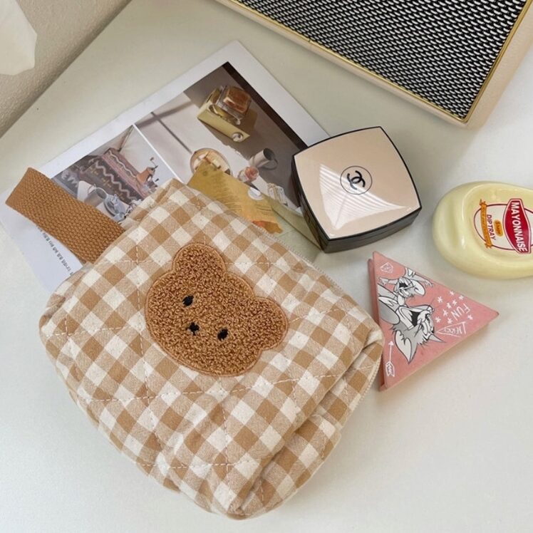 퀼팅 체크 베어 기저귀 생리대 화장품 수납 파우치 / 데일리용 파우치(S)