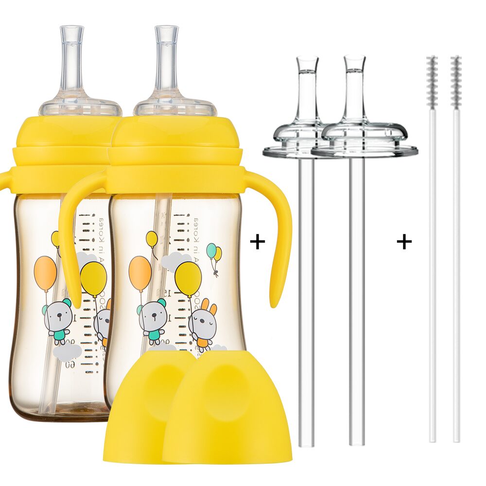 1+1 PPSU 빨대컵 240ml 2개+빨대꼭지 2개+빨대 2개+빨대솔 2개 빨대형 추형