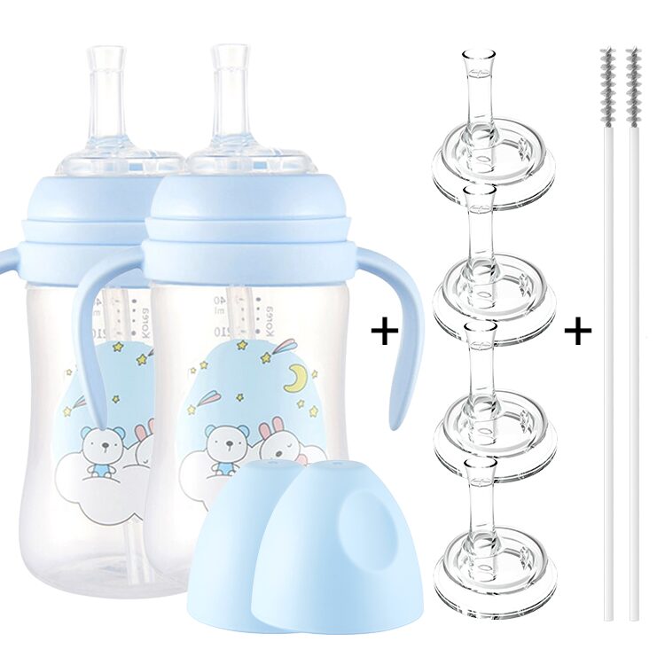 1+1 역류방지 빨대컵 240ml-2개-빨대형(꼭지기본장착)+빨대꼭지4+솔2