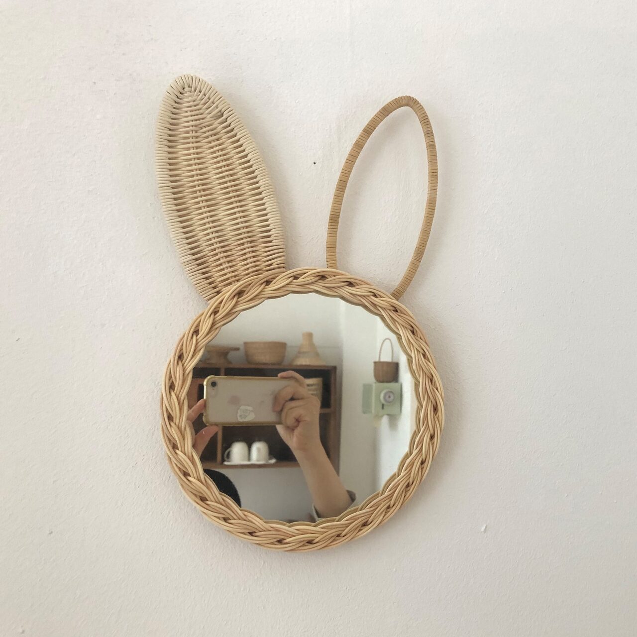 라탄 토끼 거울 원형 벽걸이 거울 아이방 인테리어 소품(직경20cm)