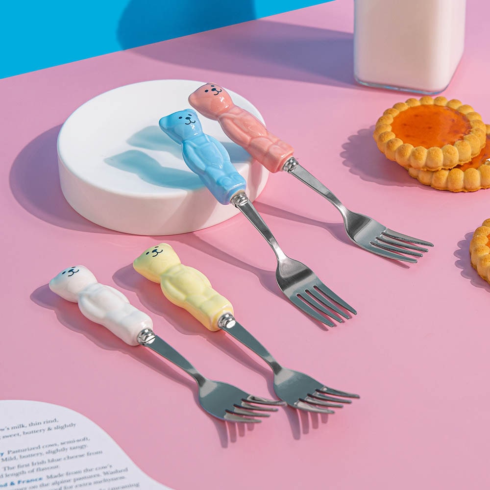 곰돌이 파스텔 컬러 빈티지 커트러리 디저트 티포크 15cm