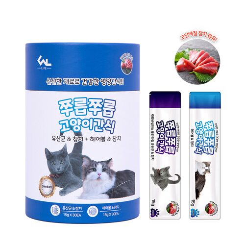 쭈릅쭈릅 짜먹는 고양이간식 대용량 15g 60p (유산균30p+헤어볼30p) 참치